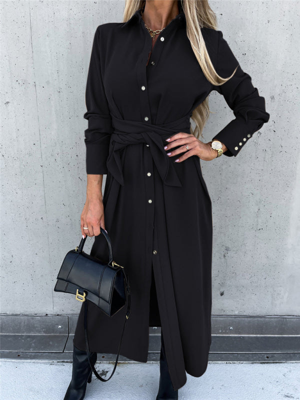 Long Sleeve Button-Up Belted Shirt Dress