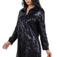 Side view of a black sequin shirt dress, featuring a relaxed fit and shimmering fabric.
