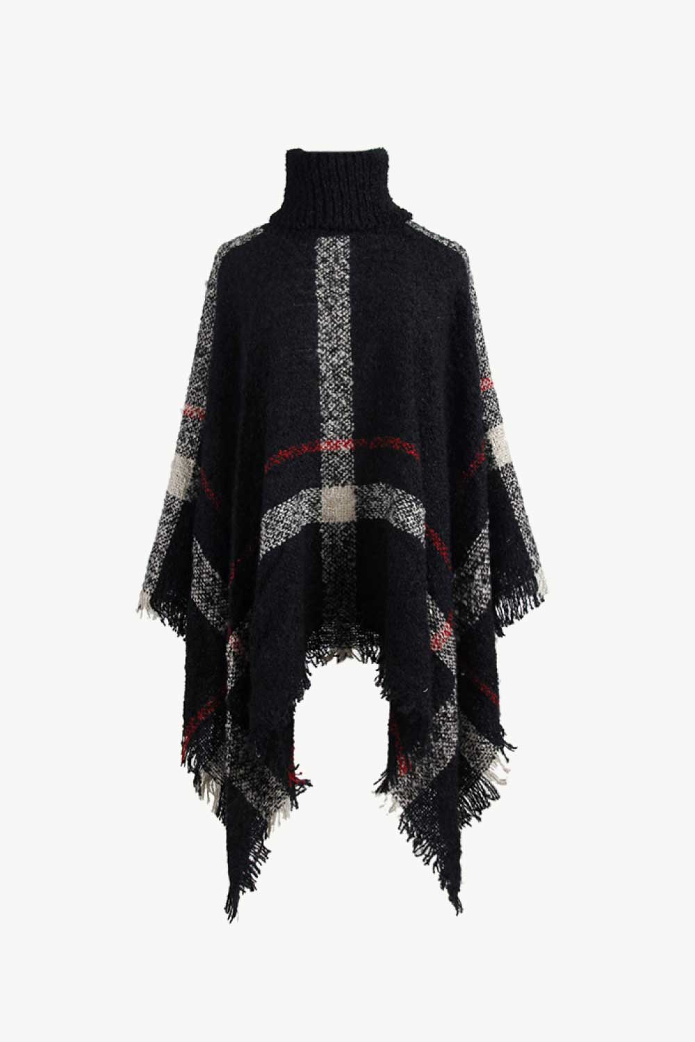 Black turtleneck poncho with classic plaid print and fringe.
