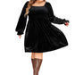 front view of black plus size smocked square neck dress
