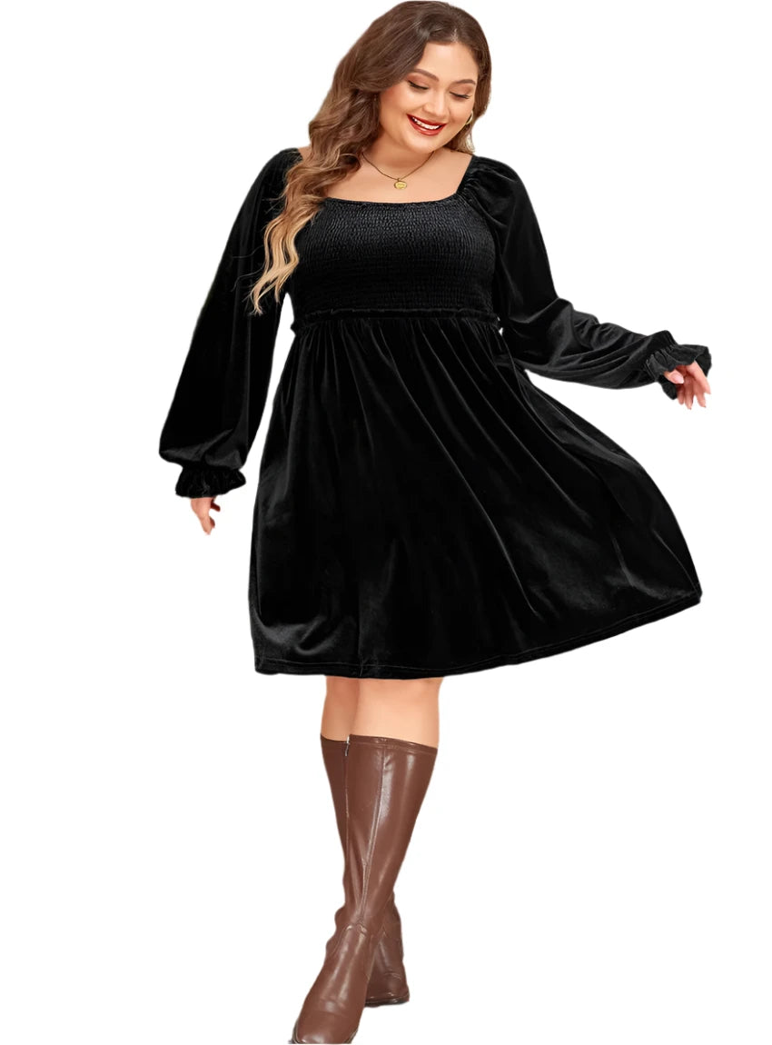 front view of black plus size smocked square neck dress
