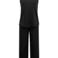 Woman wearing a black 3-piece pant suit, ideal for formal or casual settings
