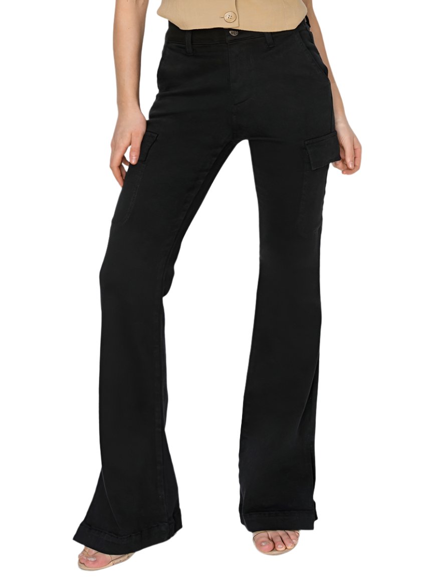 Front view of black RISEN High Rise Side Slit Cargo Bootcut Jeans.