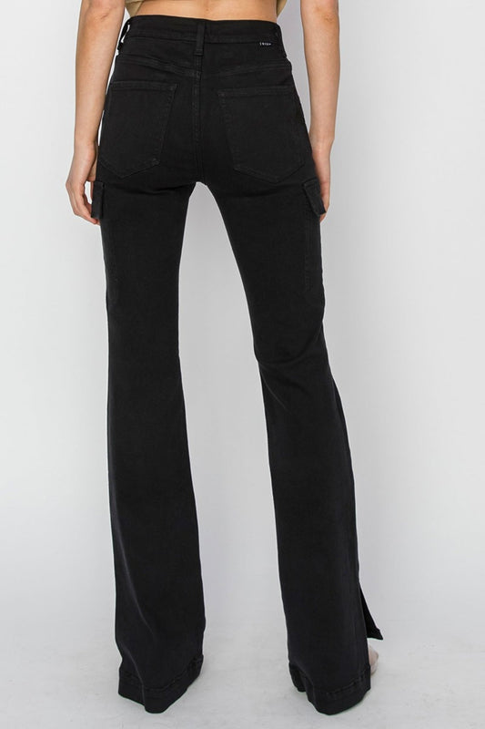 RISEN Jeans | High Rise Side Slit Cargo Bootcut | Black