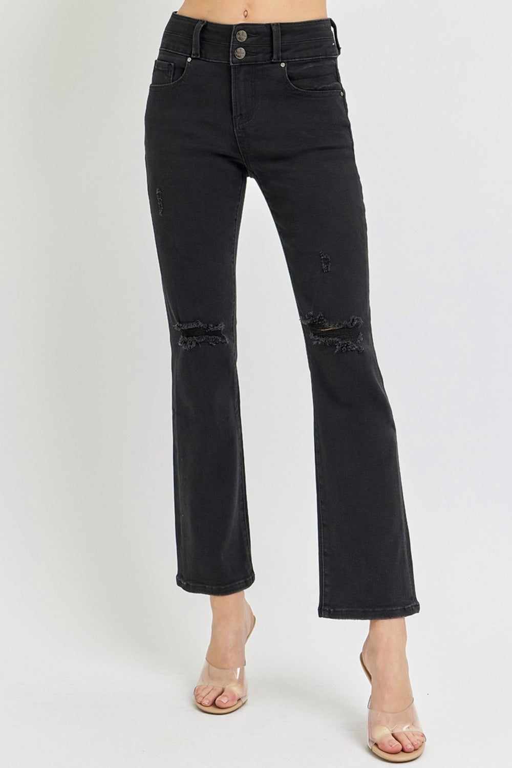 RISEN Jeans | High Rise Wide Waistband Ankle Bootcut 