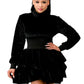 Front view of the black ruffle long sleeve dress with a mock neck and romantic ruffles.
