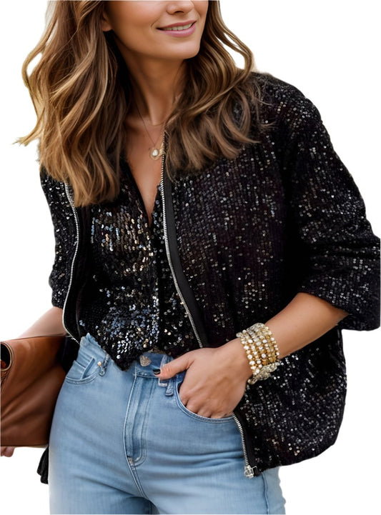 Black sequin bomber jacket featuring a zip-up front for women.
