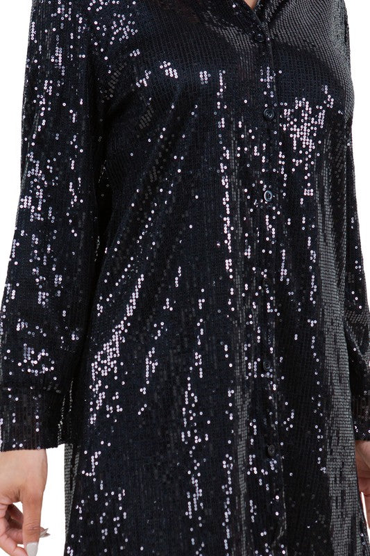 Detailed view of black sequin button up shirt dress