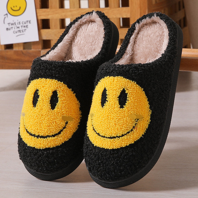 Black smiley face cotton slippers, plush and warm for winter days
