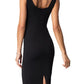 Black stretchy bodycon dress featuring a flattering cut and sleek silhouette.
