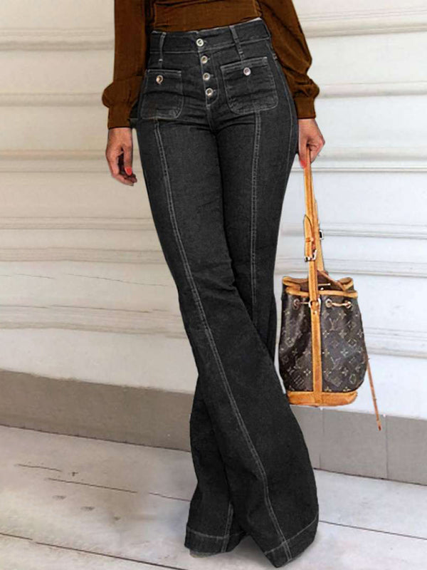 Stylish black flared denim trousers with high waist
