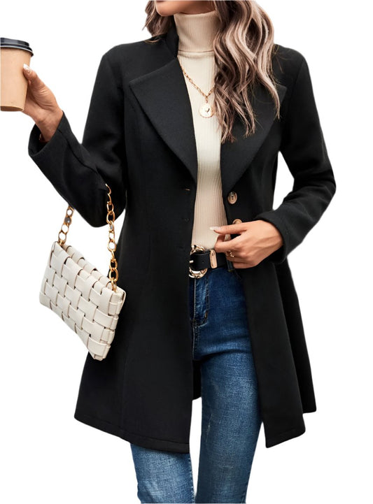 Front view of a black tailored buttoned coat for women, perfect for fall layering
