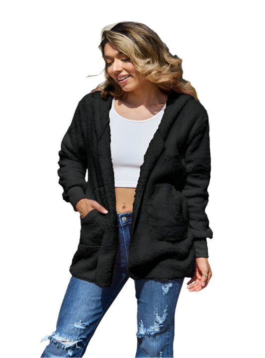 Black teddy hooded jacket with pockets, styled for casual wear.
