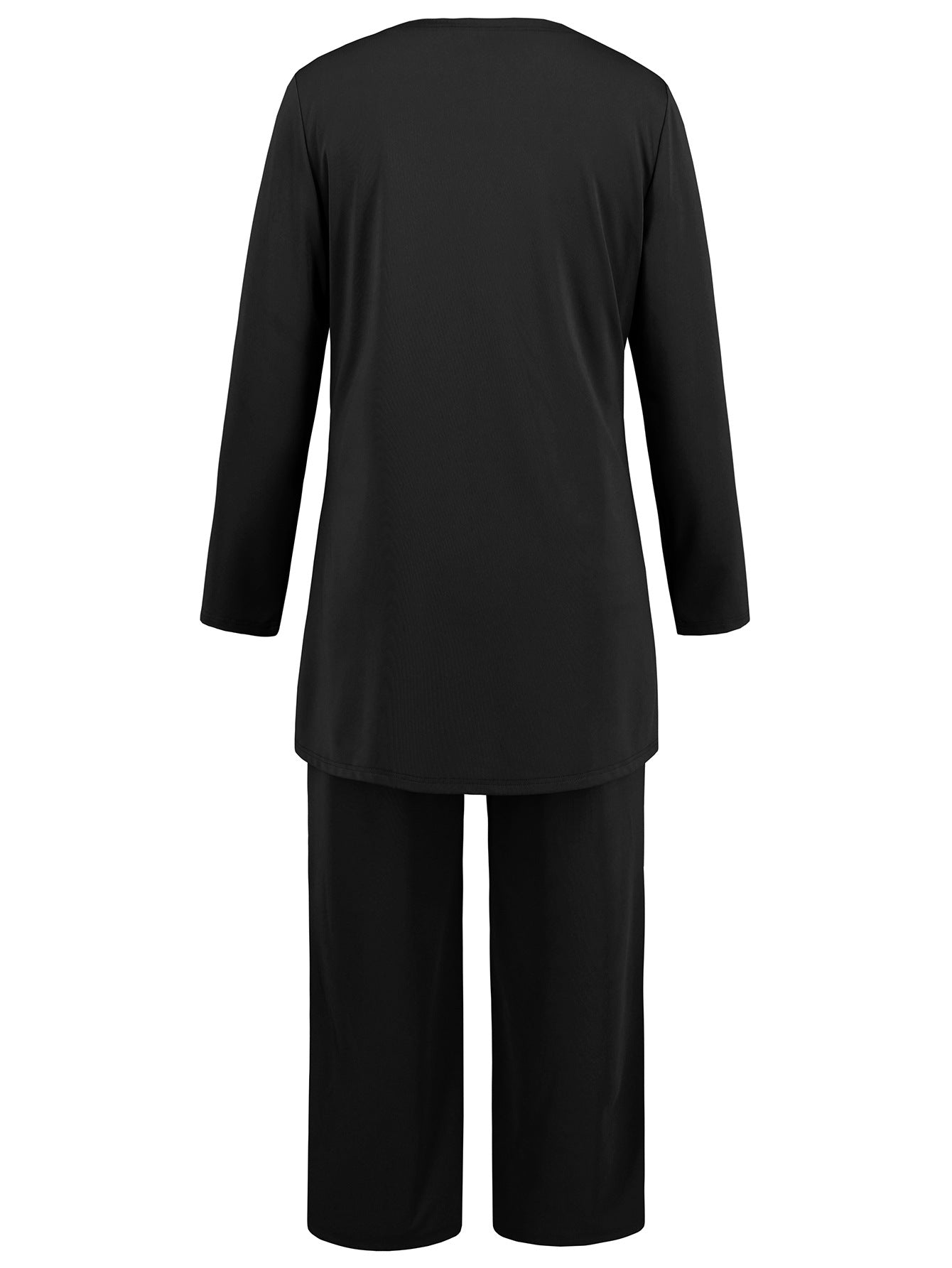 Elegant black wide-leg pant suit for women with a matching jacket and top
