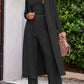 Classic black 3-piece women's pant suit with wide-leg pants and a duster jacket
