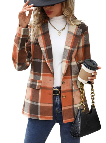 Plaid Button Down Lapel Collar Blazer