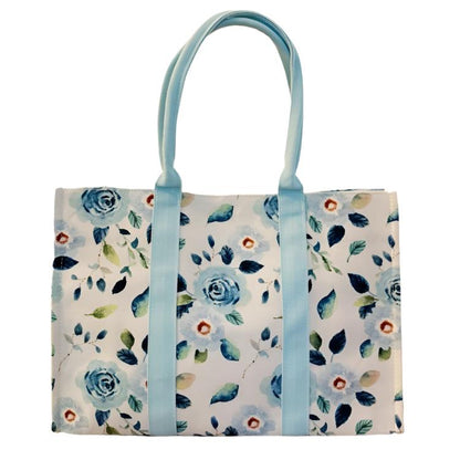 Front view of the Bloom Blue Floral Couture Tote with watercolor floral print.
