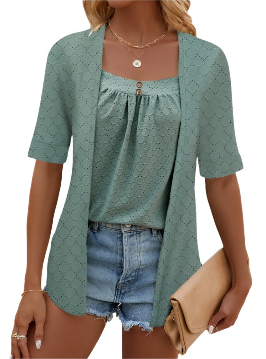 Faux Layered Decorative Button Half Sleeve Blouse - Whimsical Appalachian Boutique