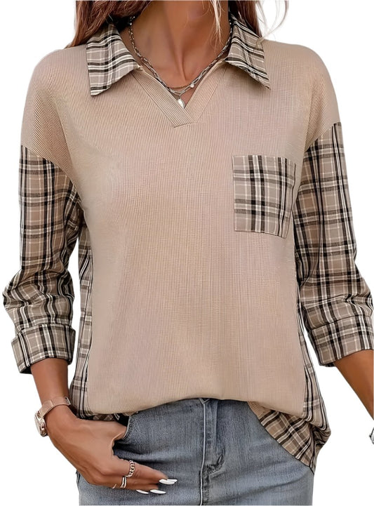 3/4 Sleeve Women's Plaid Johhny Collar Blouse - 1