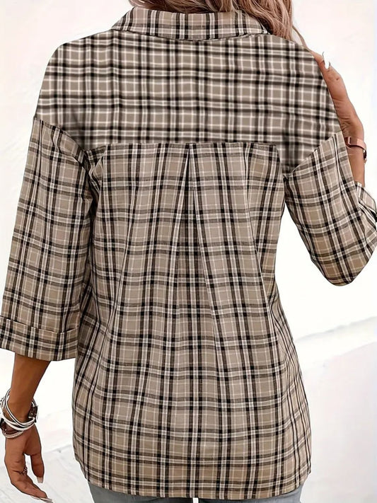 3/4 Sleeve Women's Plaid Johhny Collar Blouse - 3