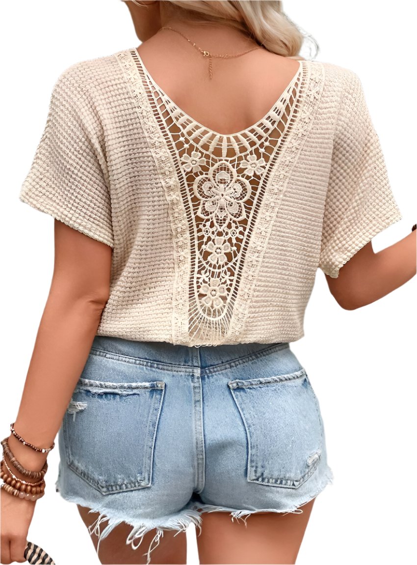 Crocheted Back Waffle Knit Top - Whimsical Appalachian Boutique