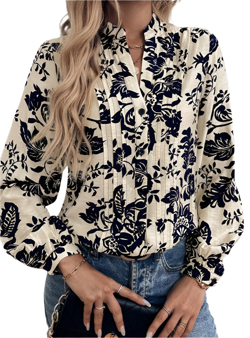 Long Sleeve Notched Neck Black Floral Blouse