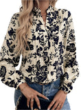 Long Sleeve Notched Neck Black Floral Blouse