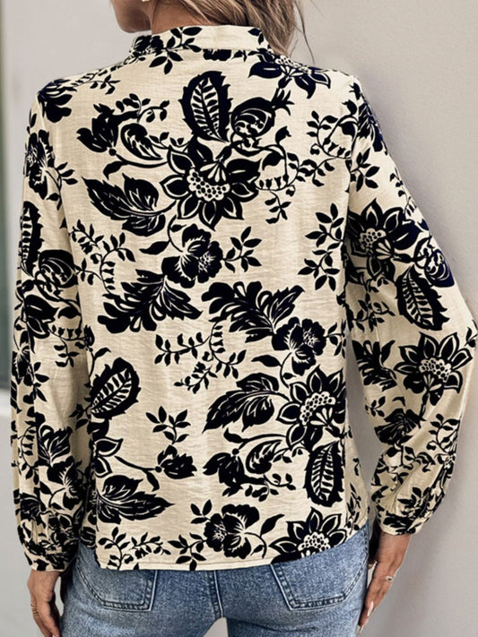 Long Sleeve Notched Neck Black Floral Blouse