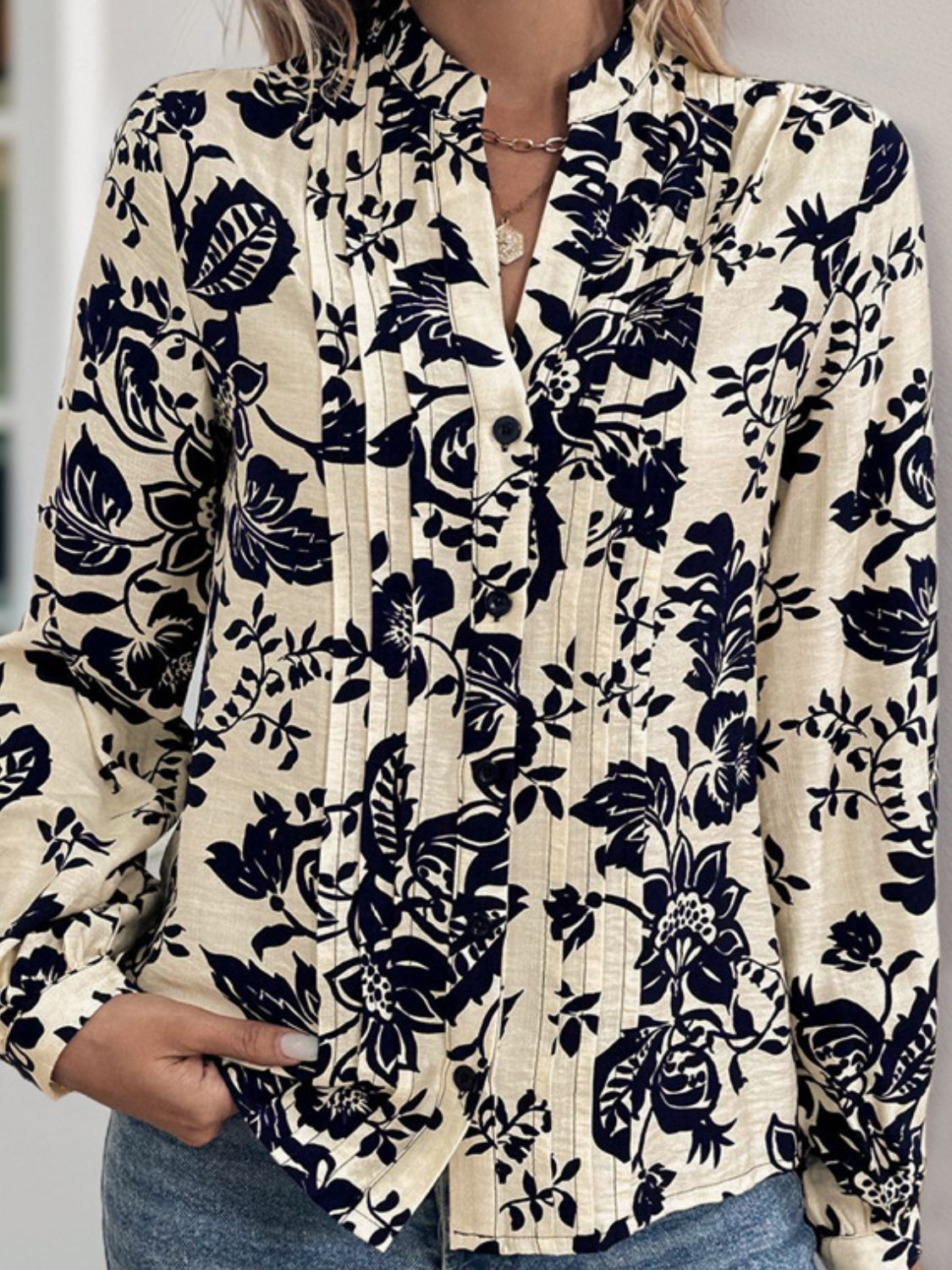 Long Sleeve Notched Neck Black Floral Blouse