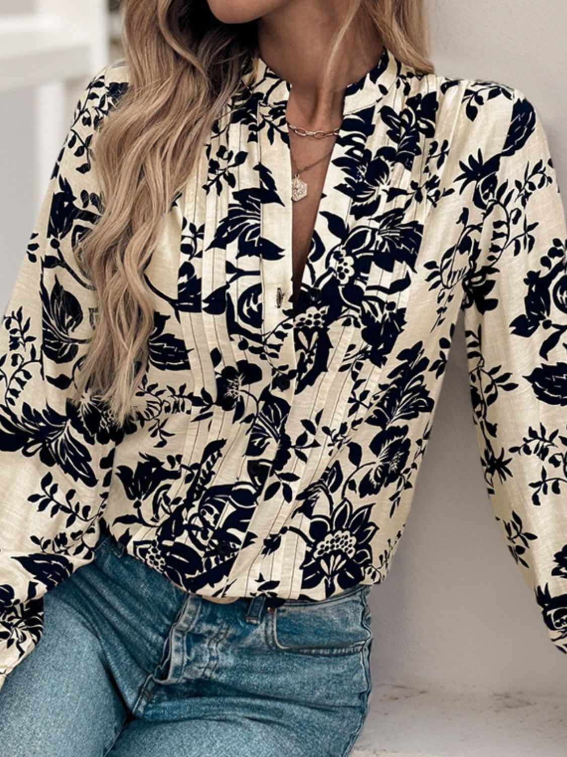 Long Sleeve Notched Neck Black Floral Blouse