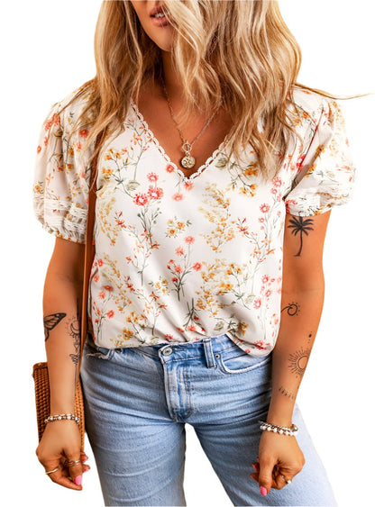 Printed V-Neck Puff Sleeve Blouse - Whimsical Appalachian Boutique