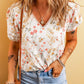 Printed V-Neck Puff Sleeve Blouse - Whimsical Appalachian Boutique