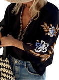 Embroidered V-Neck Three-Quarter Sleeve Blouse - Whimsical Appalachian Boutique