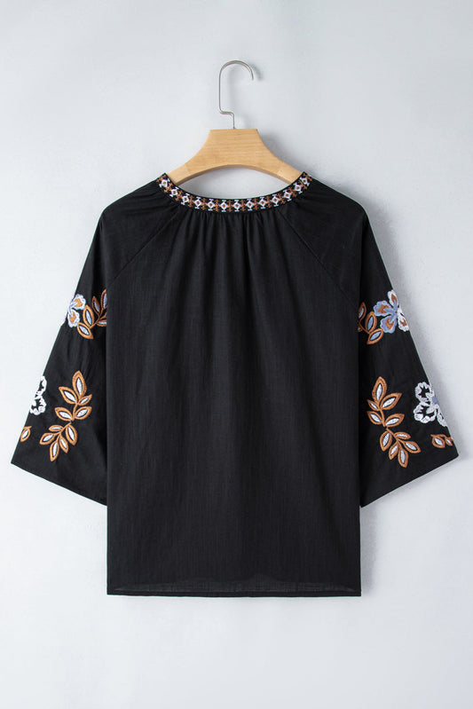 Embroidered V-Neck Three-Quarter Sleeve Blouse - Whimsical Appalachian Boutique