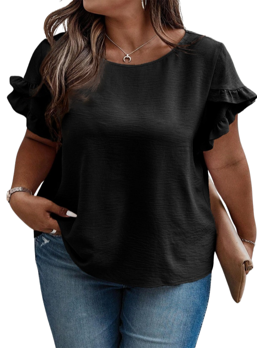 Plus Size Ruffled Round Neck Short Sleeve Blouse - Whimsical Appalachian Boutique