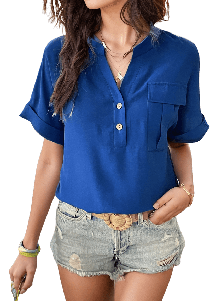 Buttoned Notched Short Sleeve Blouse