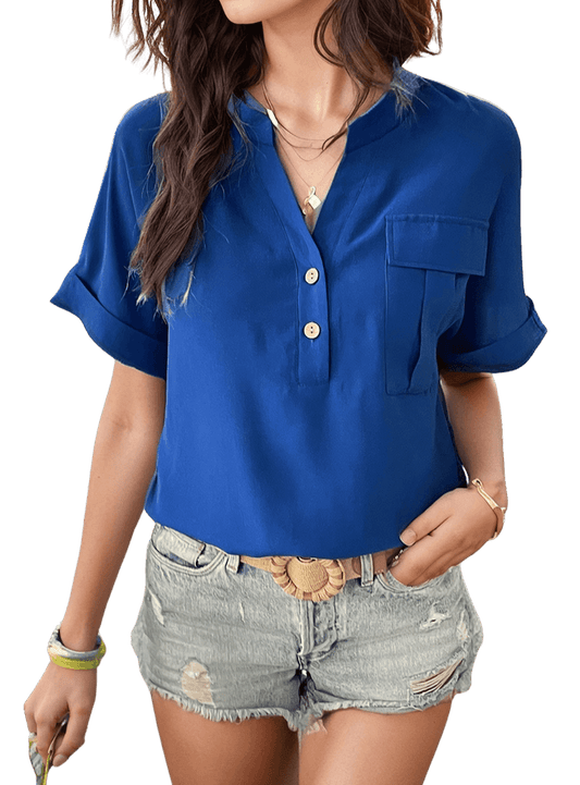 Buttoned Notched Short Sleeve Blouse