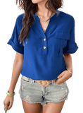 Buttoned Notched Short Sleeve Blouse