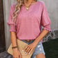 Heathered Notched Lantern Sleeve Blouse - Whimsical Appalachian Boutique