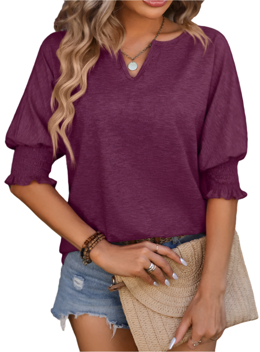 Heathered Notched Lantern Sleeve Blouse - Whimsical Appalachian Boutique