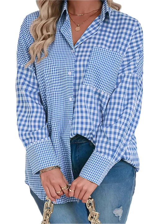 Women's Blue Gingham Plaid Collared Shirt