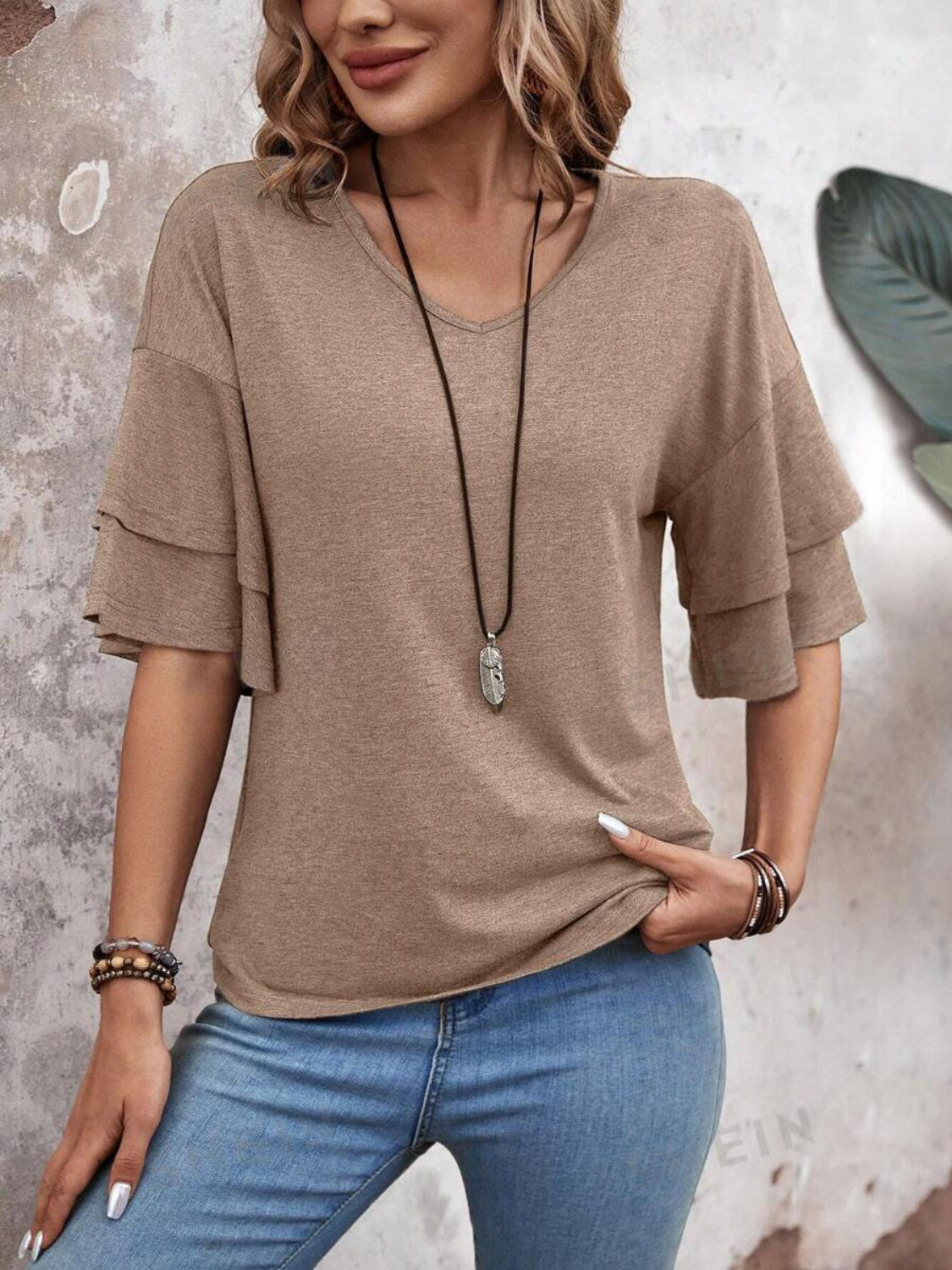 Casual V-Neck Flutter Sleeve Blouse