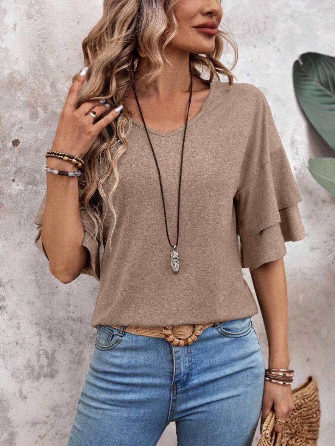 Casual V-Neck Flutter Sleeve Blouse