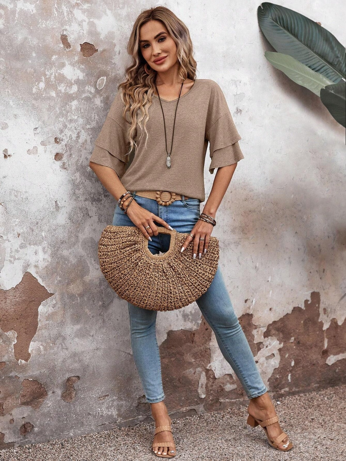 Casual V-Neck Flutter Sleeve Blouse