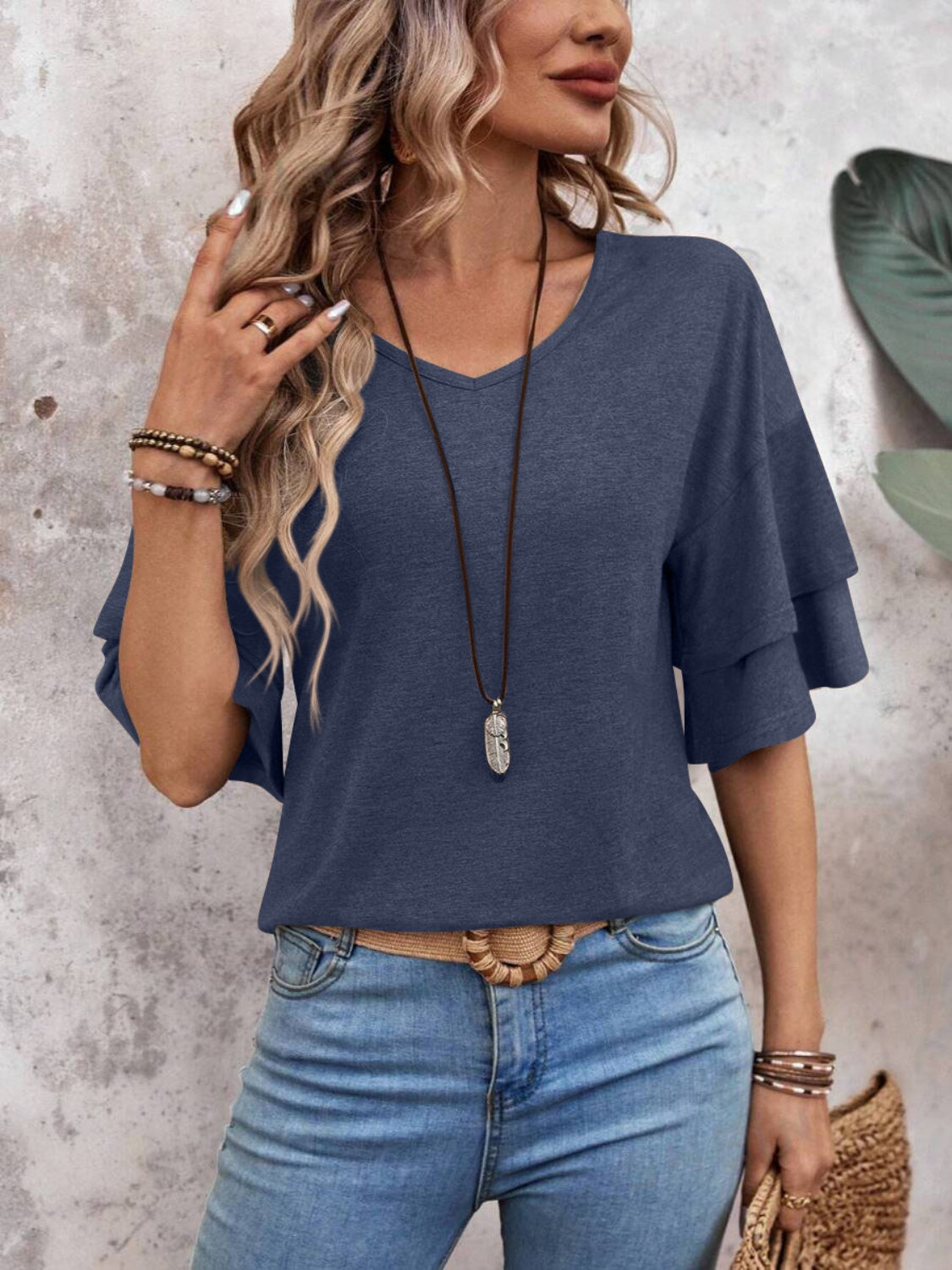 Casual V-Neck Flutter Sleeve Blouse