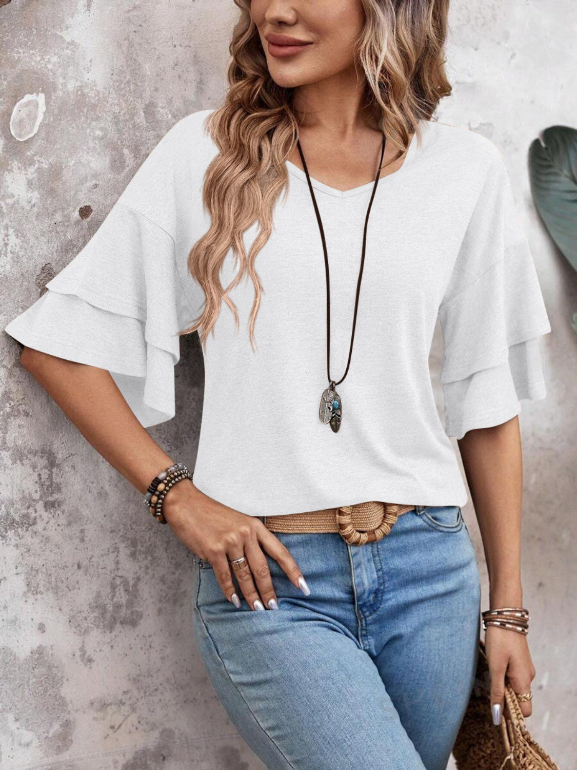 Casual V-Neck Flutter Sleeve Blouse