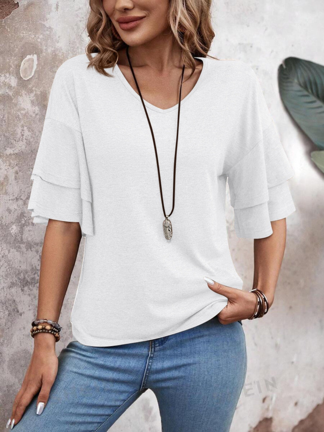 Casual V-Neck Flutter Sleeve Blouse