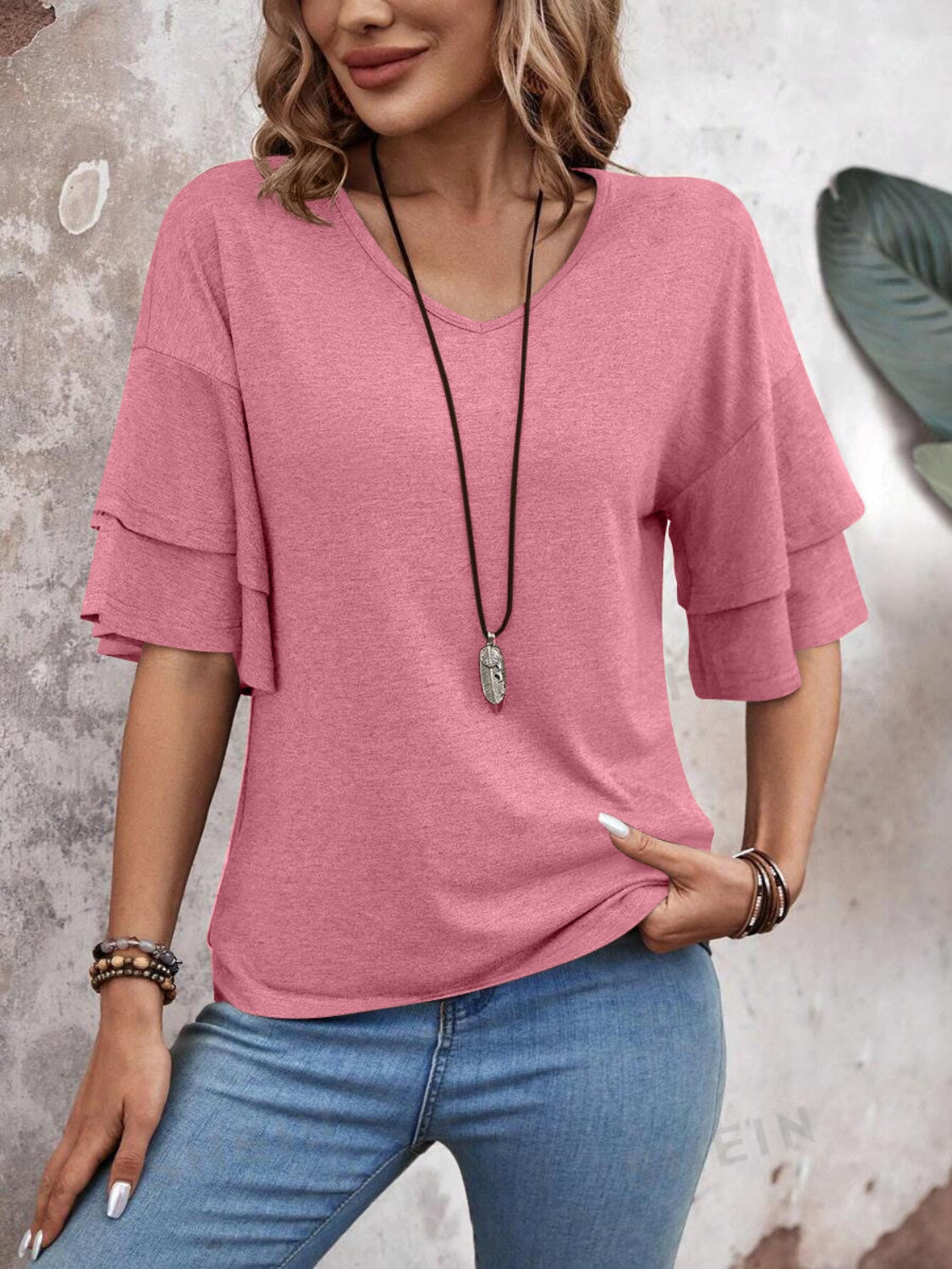 Casual V-Neck Flutter Sleeve Blouse