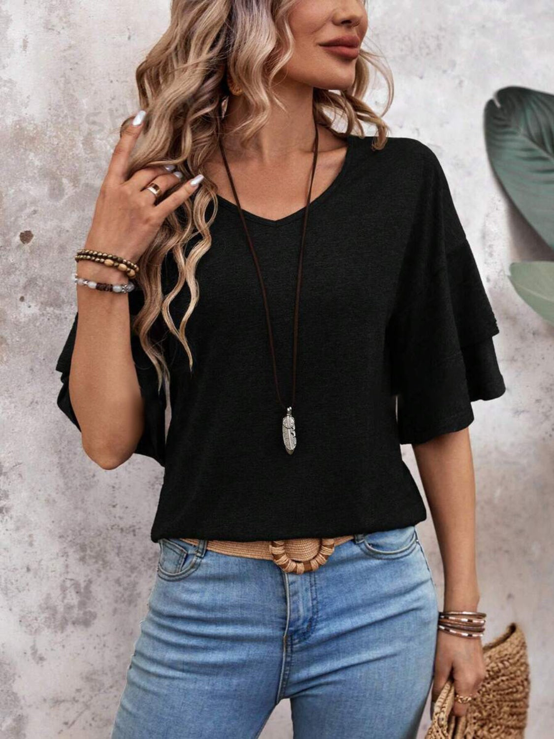 Casual V-Neck Flutter Sleeve Blouse