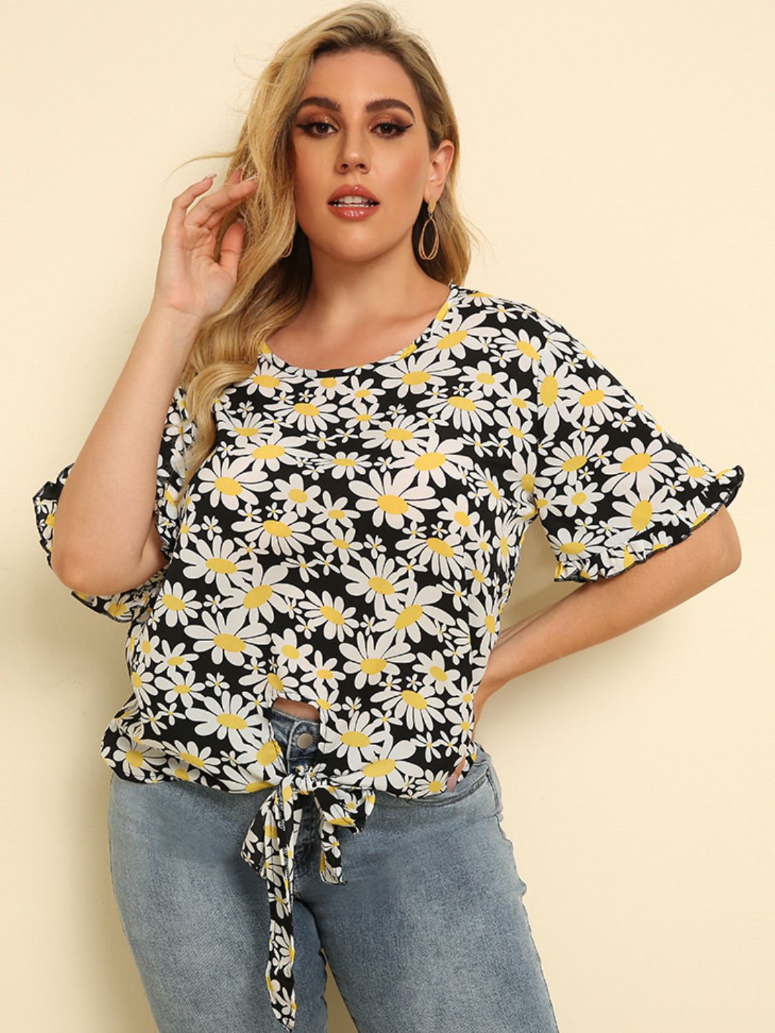 Plus Size Floral Round Neck Tie Hem Blouse - Whimsical Appalachian Boutique